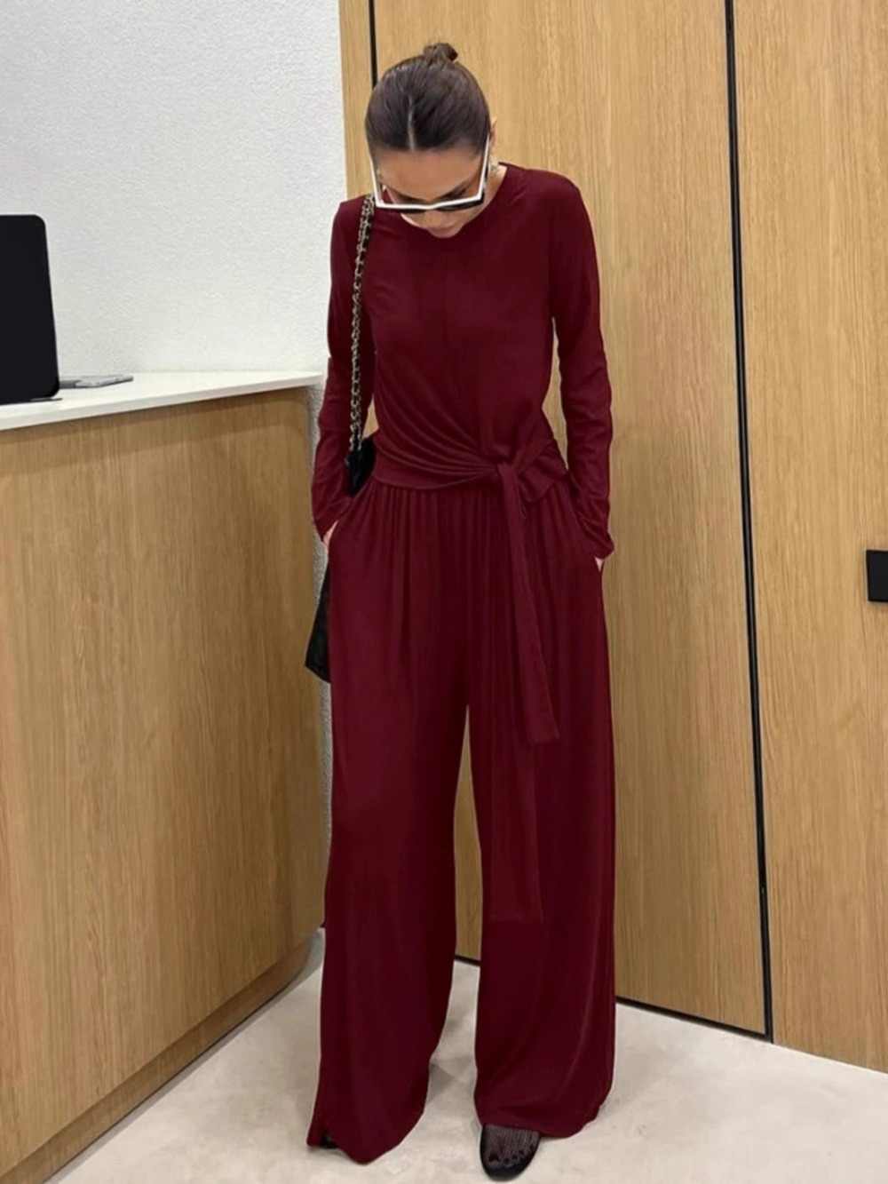 Forever 21 Burgundy Round Neck Knit Top and Pants Set Winter